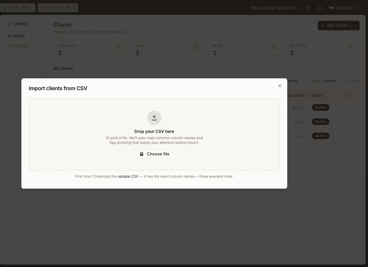 Current Synup Import Client dialog with a CSV drop zone, file chooser, automatic mapping, and sample CSV option.