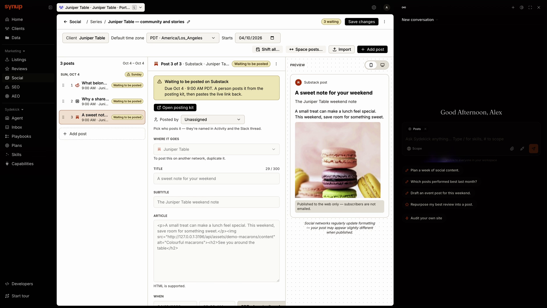 Preparing content for Reddit, Medium and Substack in Synup, with posting instructions and a separate Substack subscriber email step.