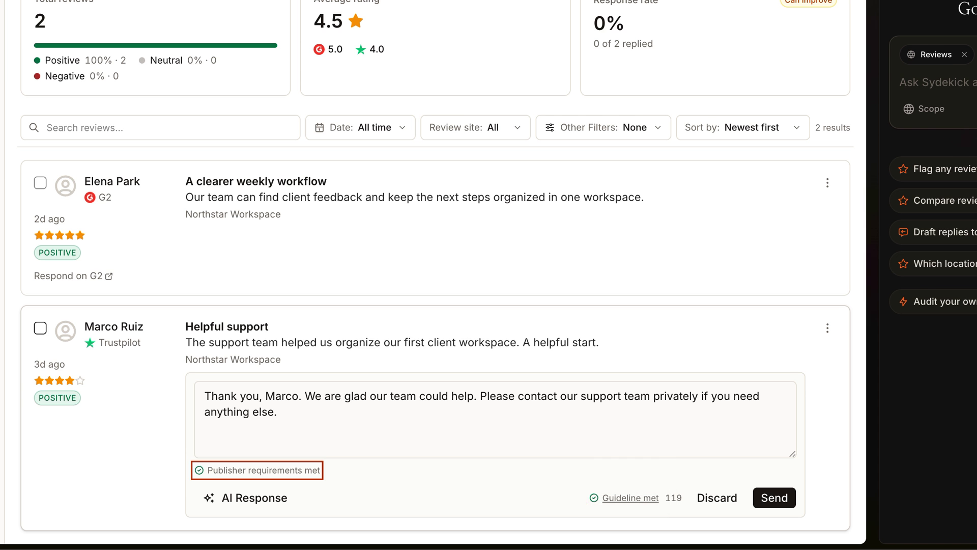 Content Checks showing a privacy guideline, a failed review-reply check and a corrected unsent reply.