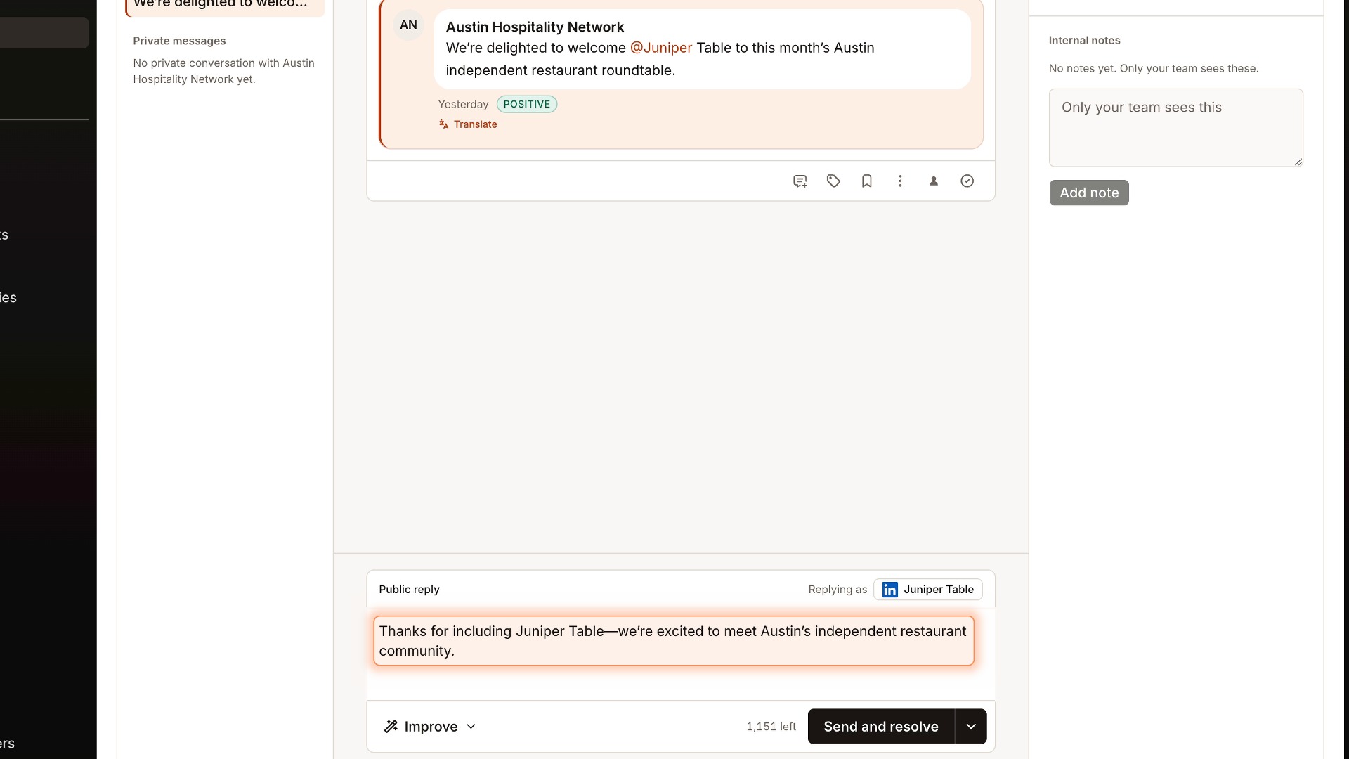 LinkedIn comments and an organization mention in Synup Social Inbox