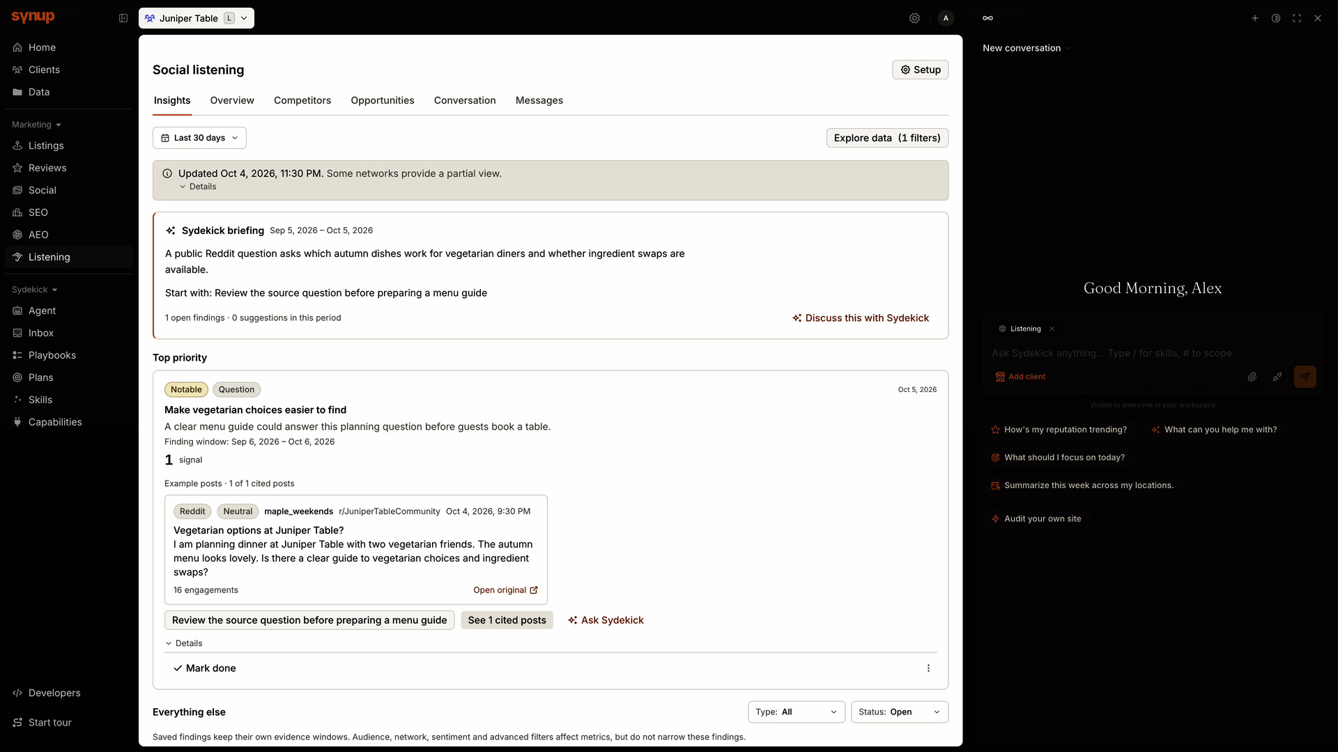 Listening connects public Reddit mentions to an insight and the question cited as its source.