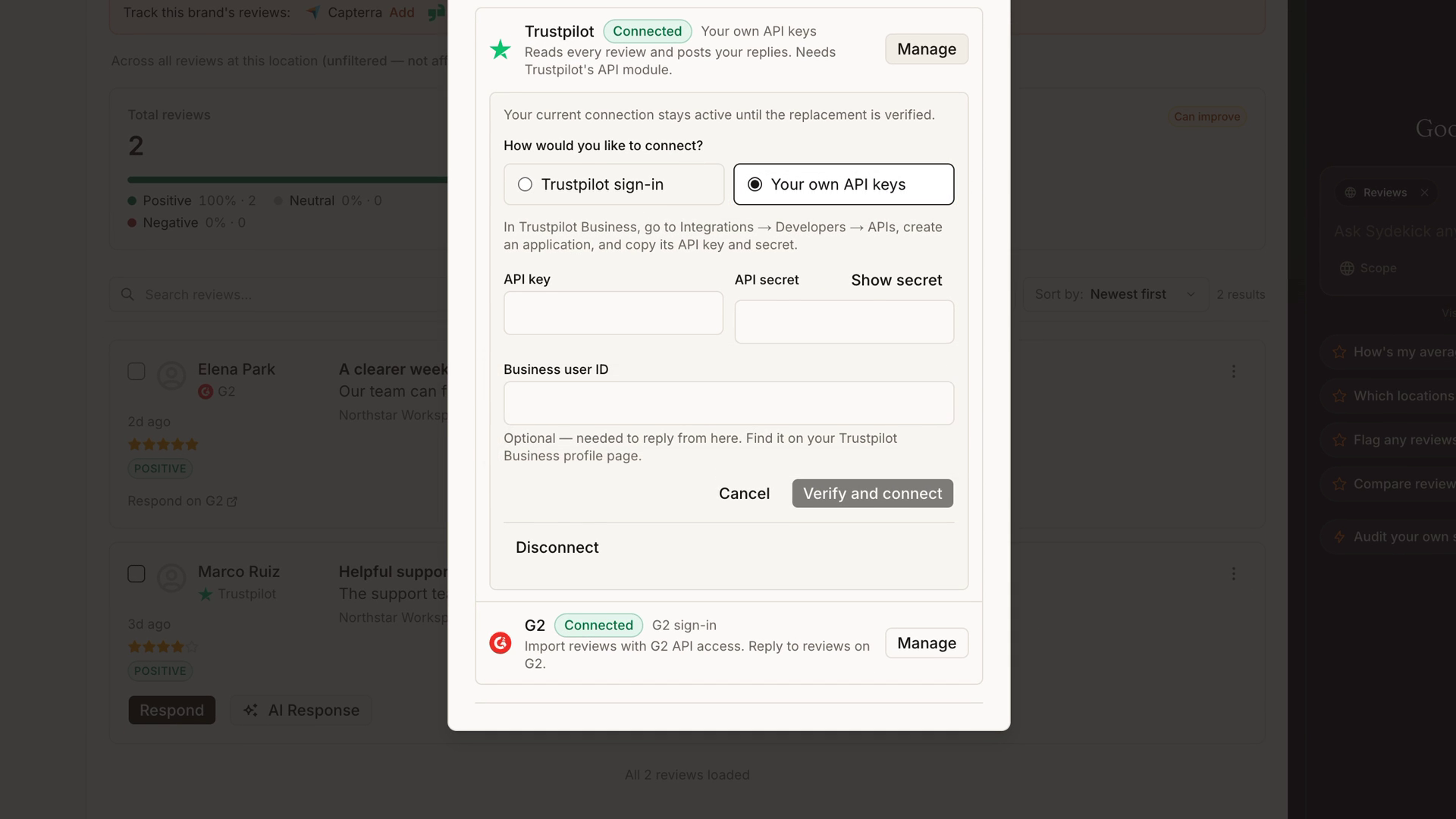 G2 and Trustpilot review connections, including the Trustpilot API credentials and business identity required for replies in Synup.