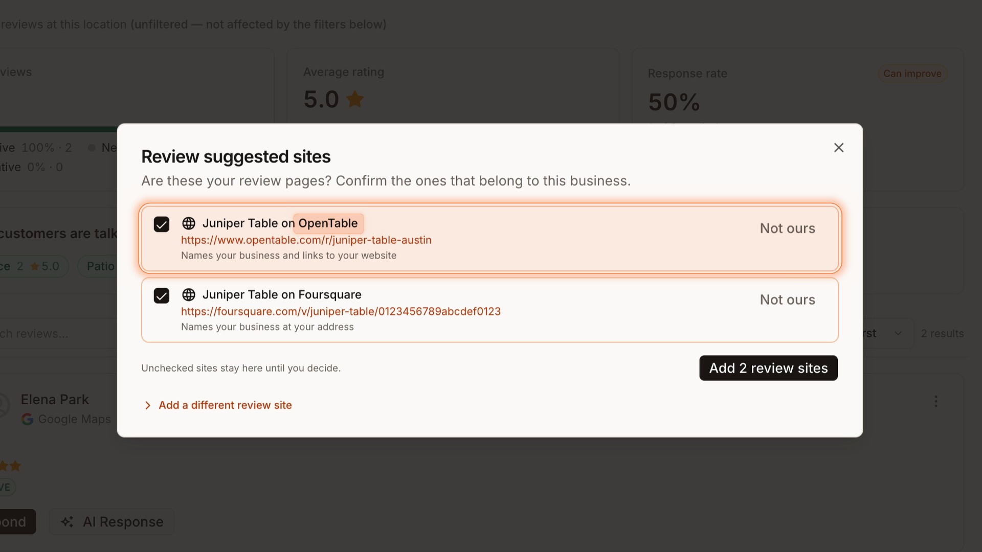 Synup automatically finding potential OpenTable and Foursquare review pages, asking for confirmation and showing their reviews in the Reviews workspace
