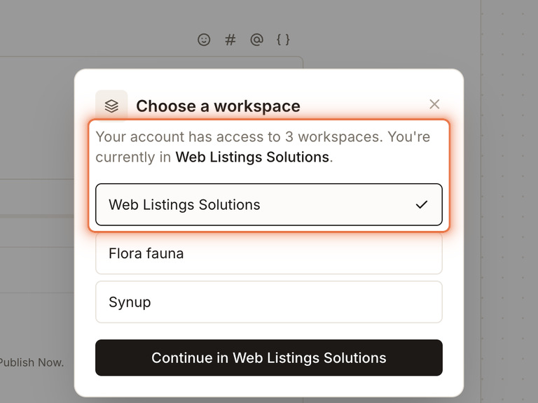 The workspace switcher shows current access, switches from Flora fauna to Web Listings Solutions, and returns to Flora fauna.