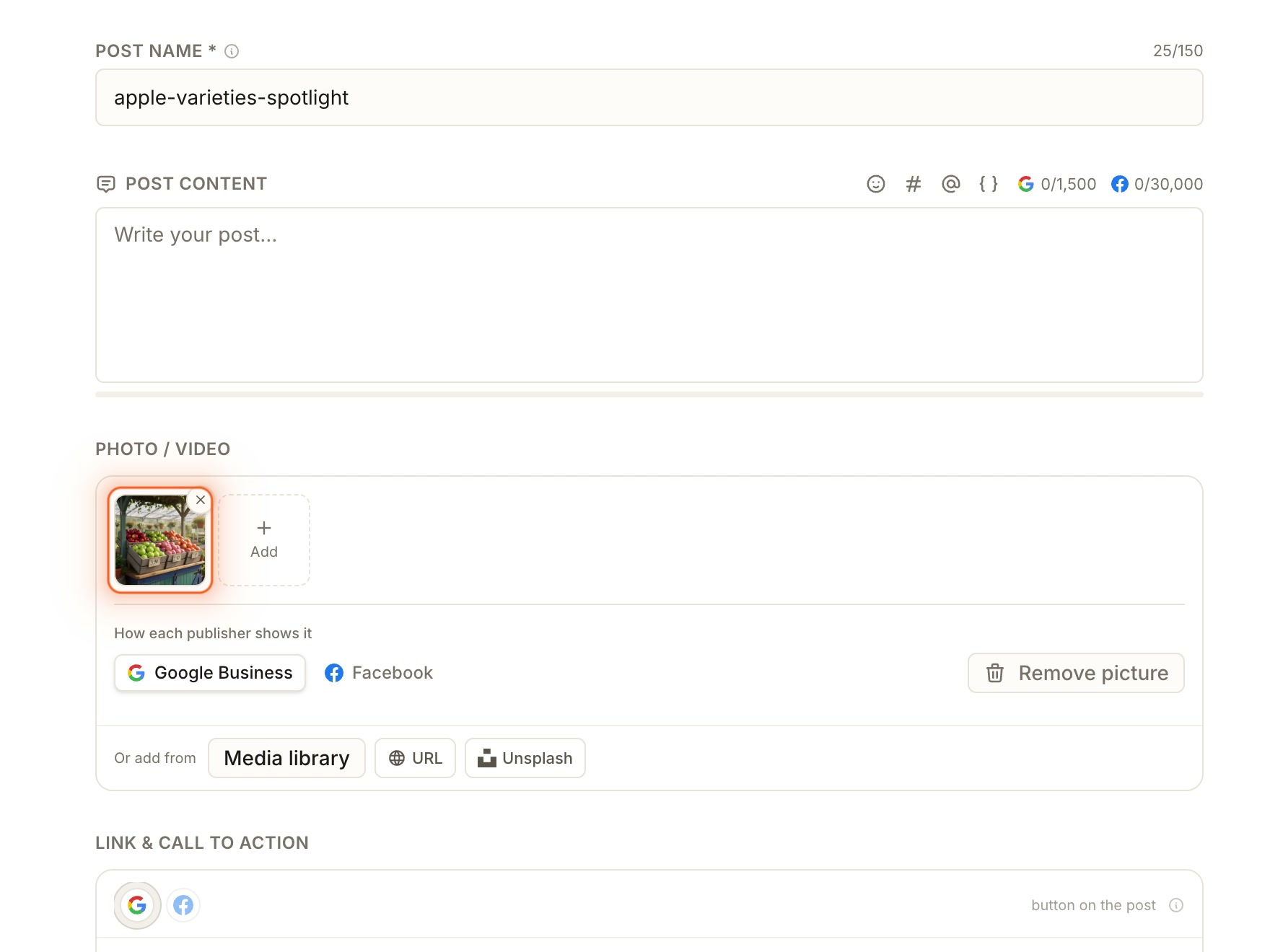 Three coffee images upload successfully. In a separate example, a library image is added to a post composer.
