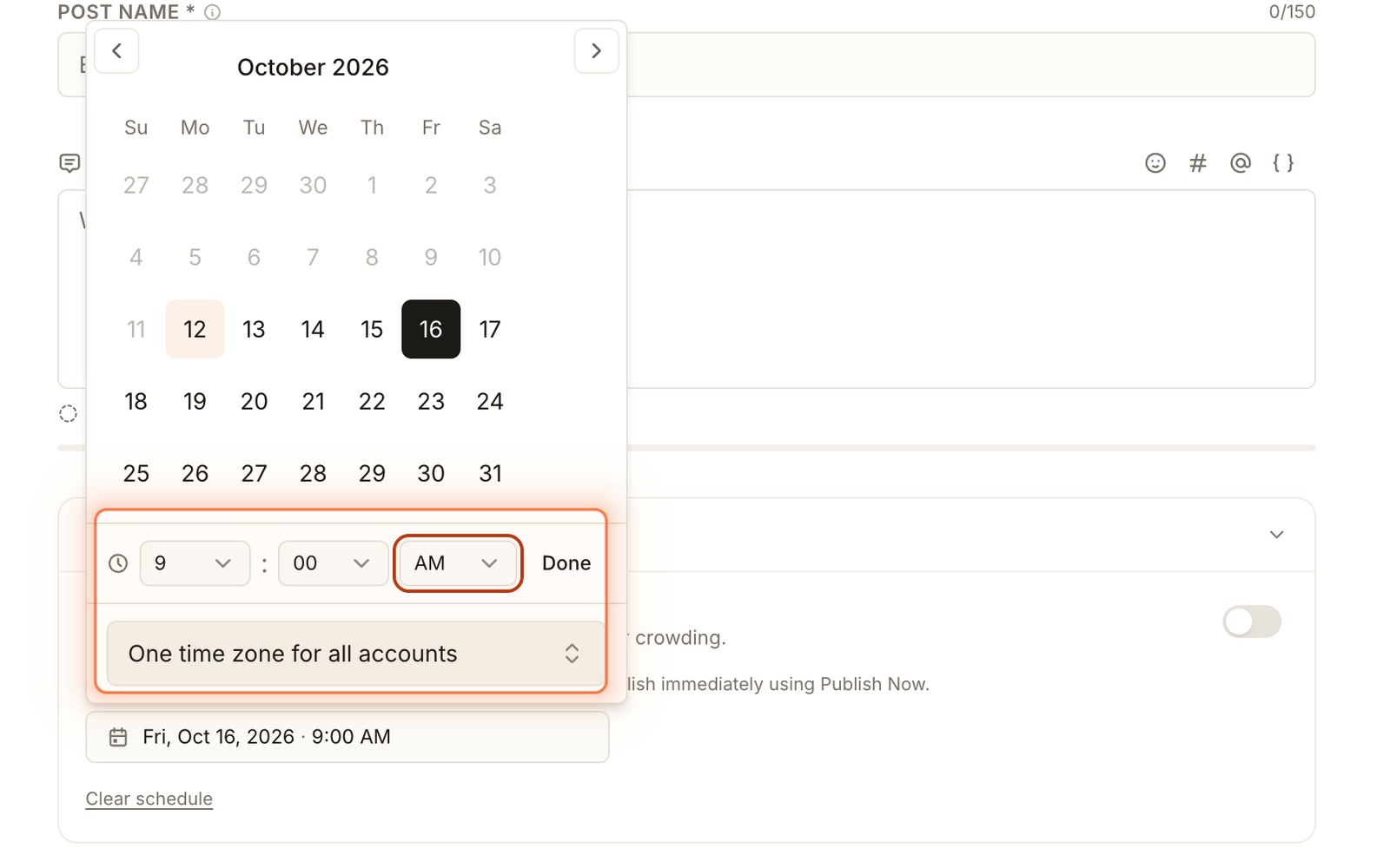 The composer calendar with October 16 and 9:00 AM selected manually; Smart Scheduling remains off.