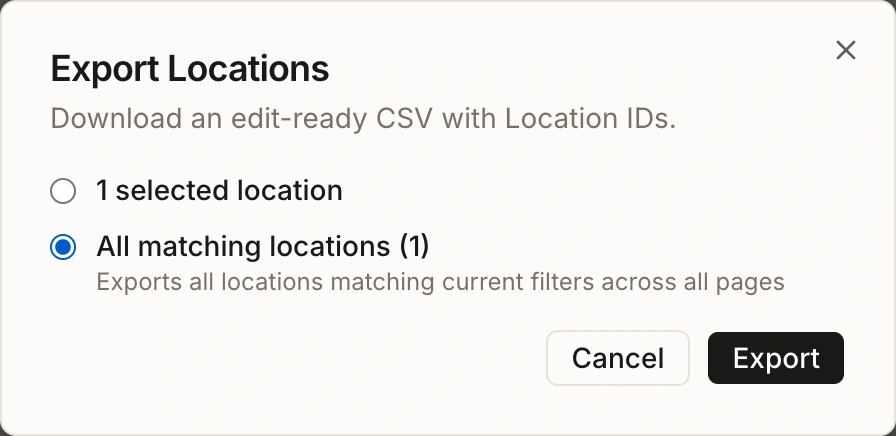 Export Locations dialog with All matching locations selected and an explanation that filters apply across all pages.