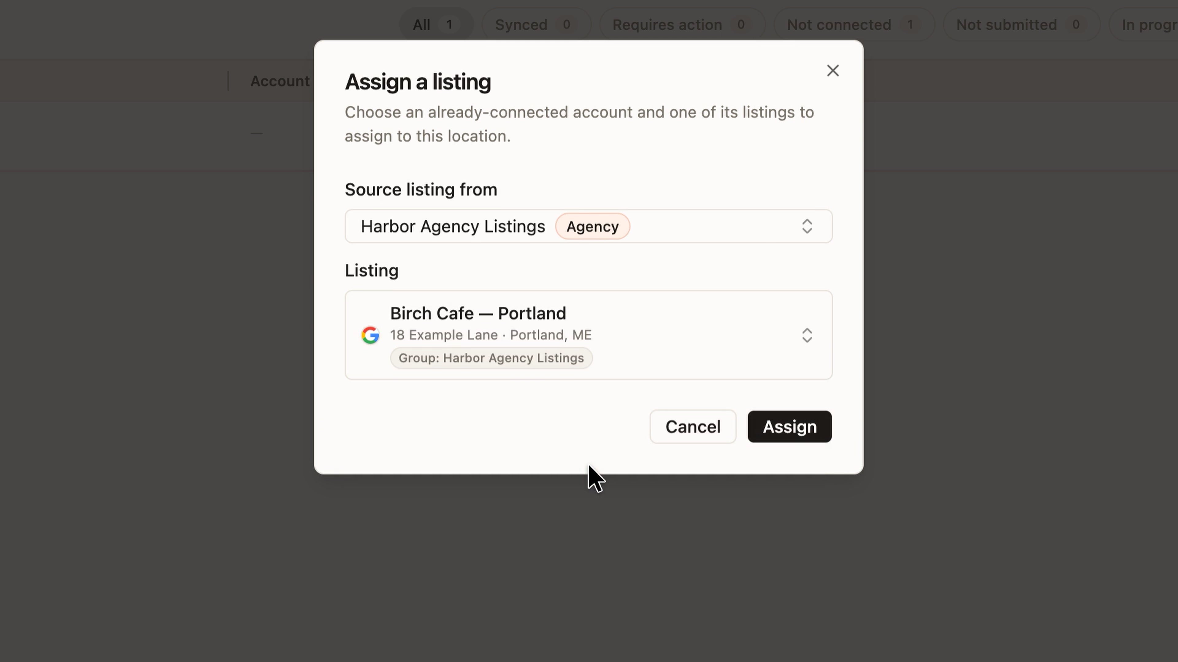 Agency account and existing listing selected before assignment