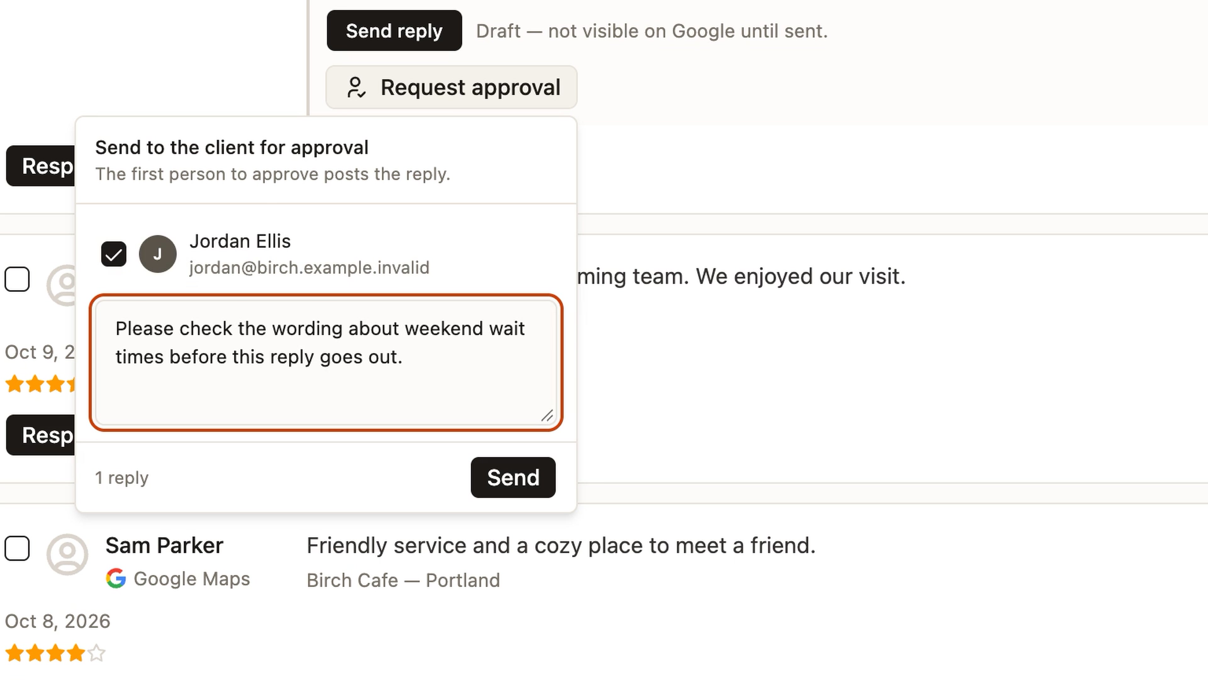 Selected client approval recipient and note before sending