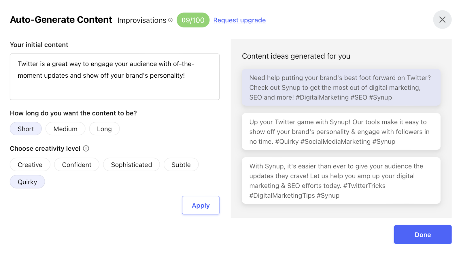 Historical Synup Social interface with content-length and tone controls beside several generated social-copy suggestions.