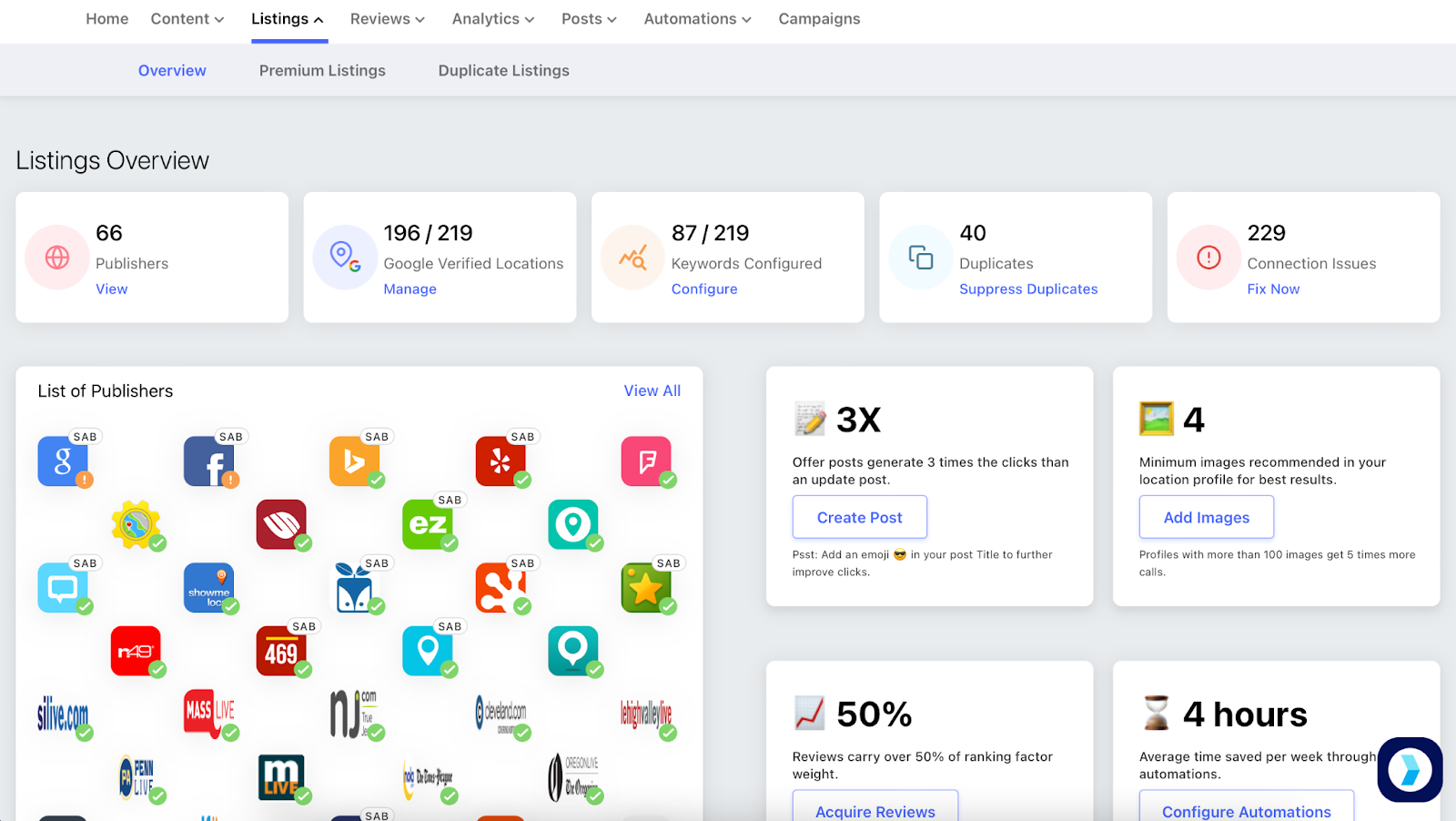 Historical Synup Listings Overview with publisher connections, verified locations, duplicate profiles, and connection issues.