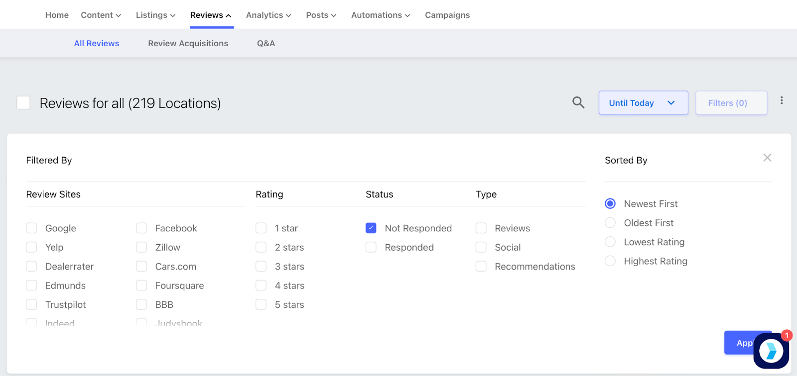 Historical Synup Reviews interface with controls for filtering feedback by source, rating, response status, content type, and sort order.