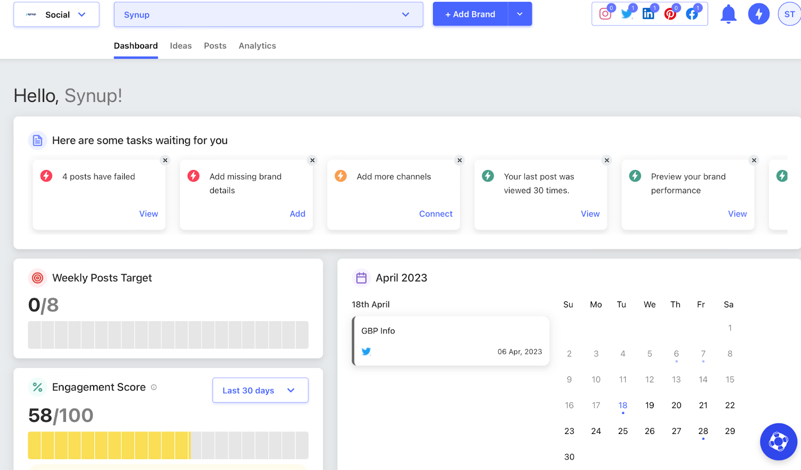Historical Synup Social dashboard with connected channels, weekly posting targets, engagement context, and a monthly content calendar.