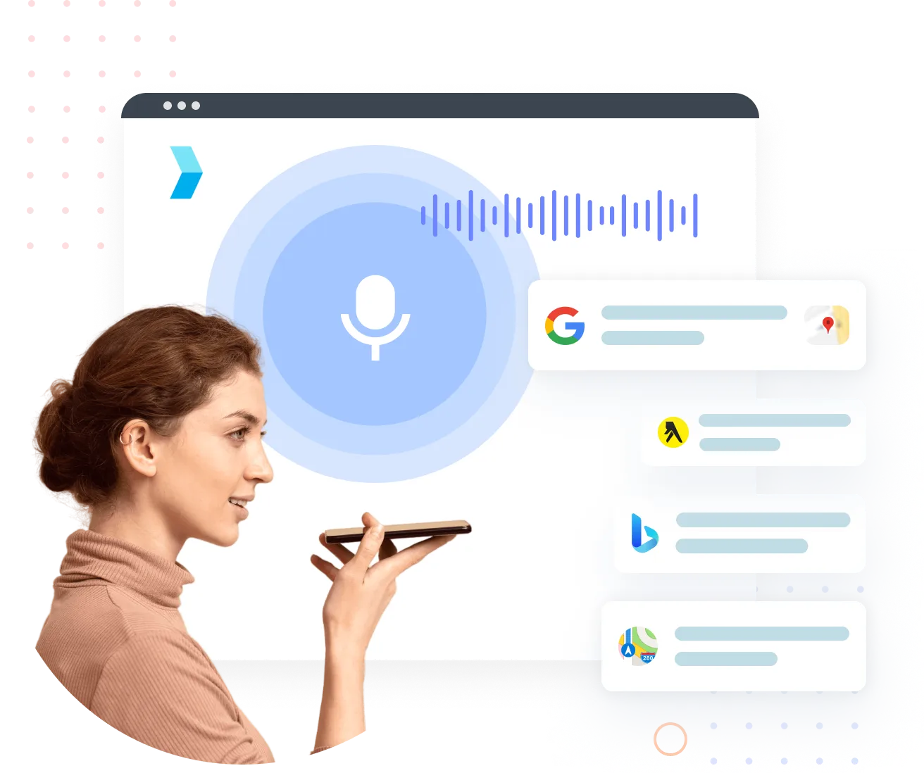 Historical Synup product illustration connecting structured business listings with voice and local-search discovery surfaces.