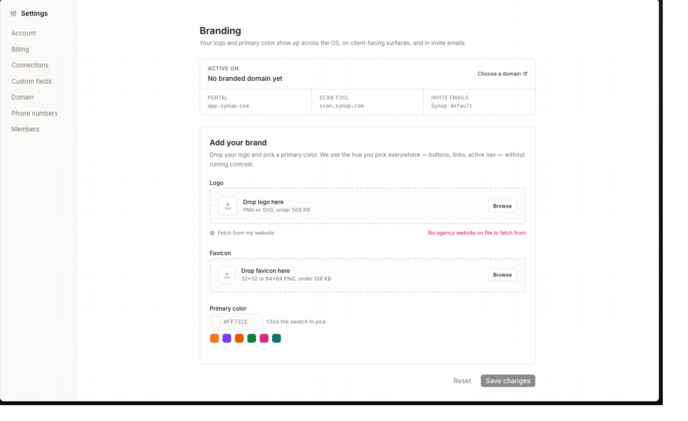 Synup Branding settings showing client-facing surface status, logo and favicon upload areas, and brand color controls.