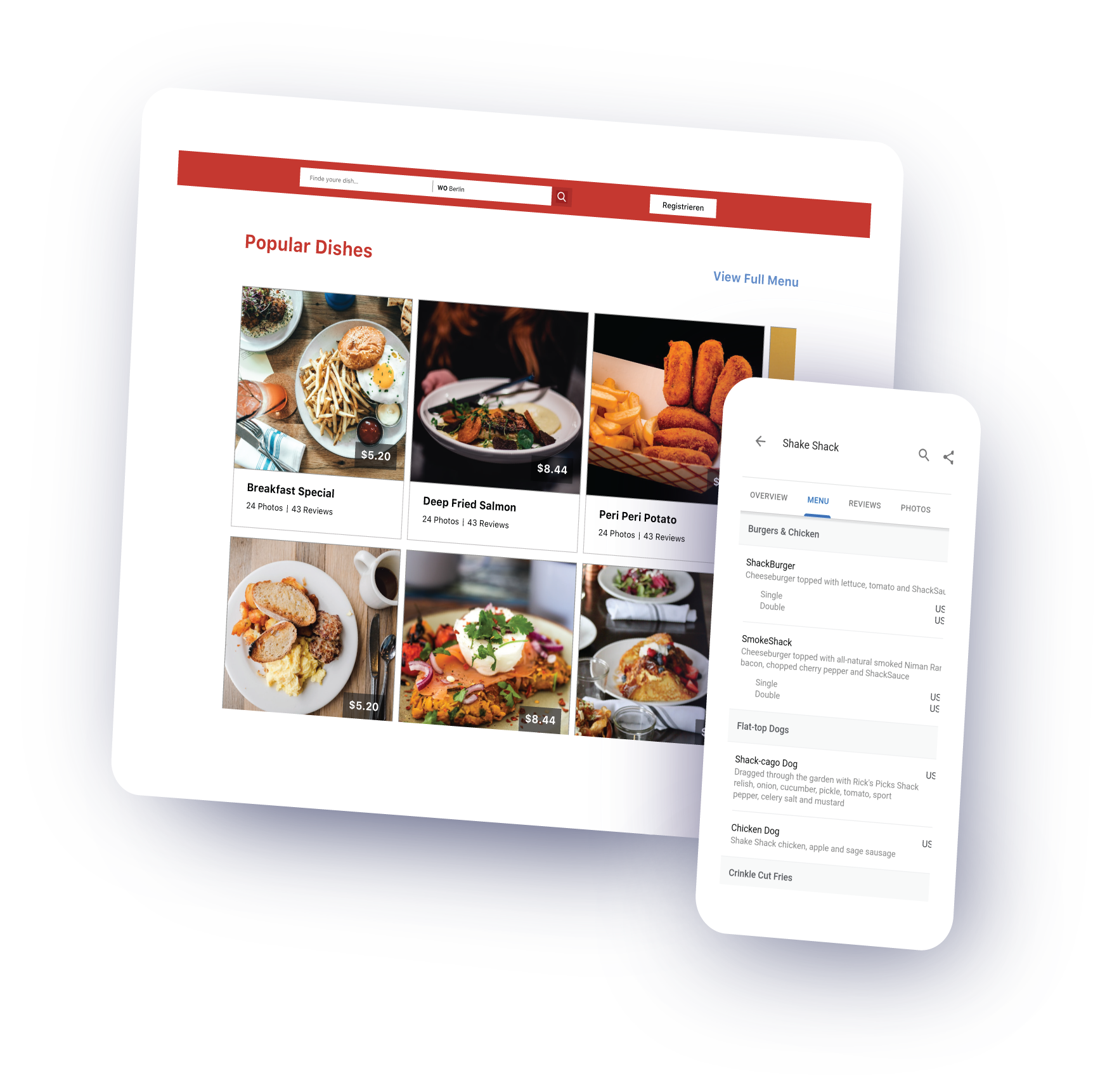 Historical Synup product illustration showing structured menu content distributed across desktop and mobile profile experiences.