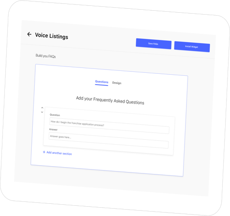 Historical Synup Voice Listings interface for building location-specific questions and answers and installing an FAQ widget.