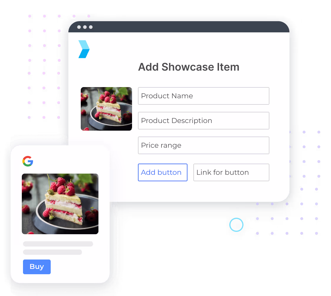 Historische Synup-Produktabbildung: Formular für Showcase-Elemente und Google Unternehmensprofil-Vorschau für ein Kuchenprodukt.