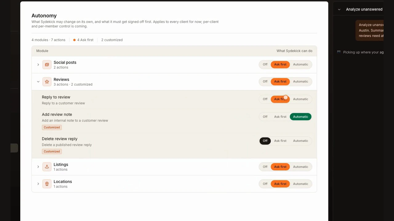 Autonomy settings showing Reply to review set to Ask first and Add review note set to Automatic