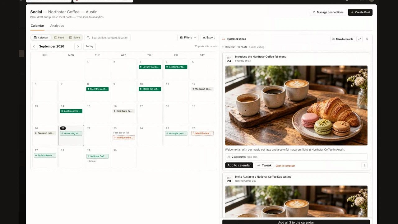 Social calendar beside a populated content plan, followed by an idea opened in the post composer