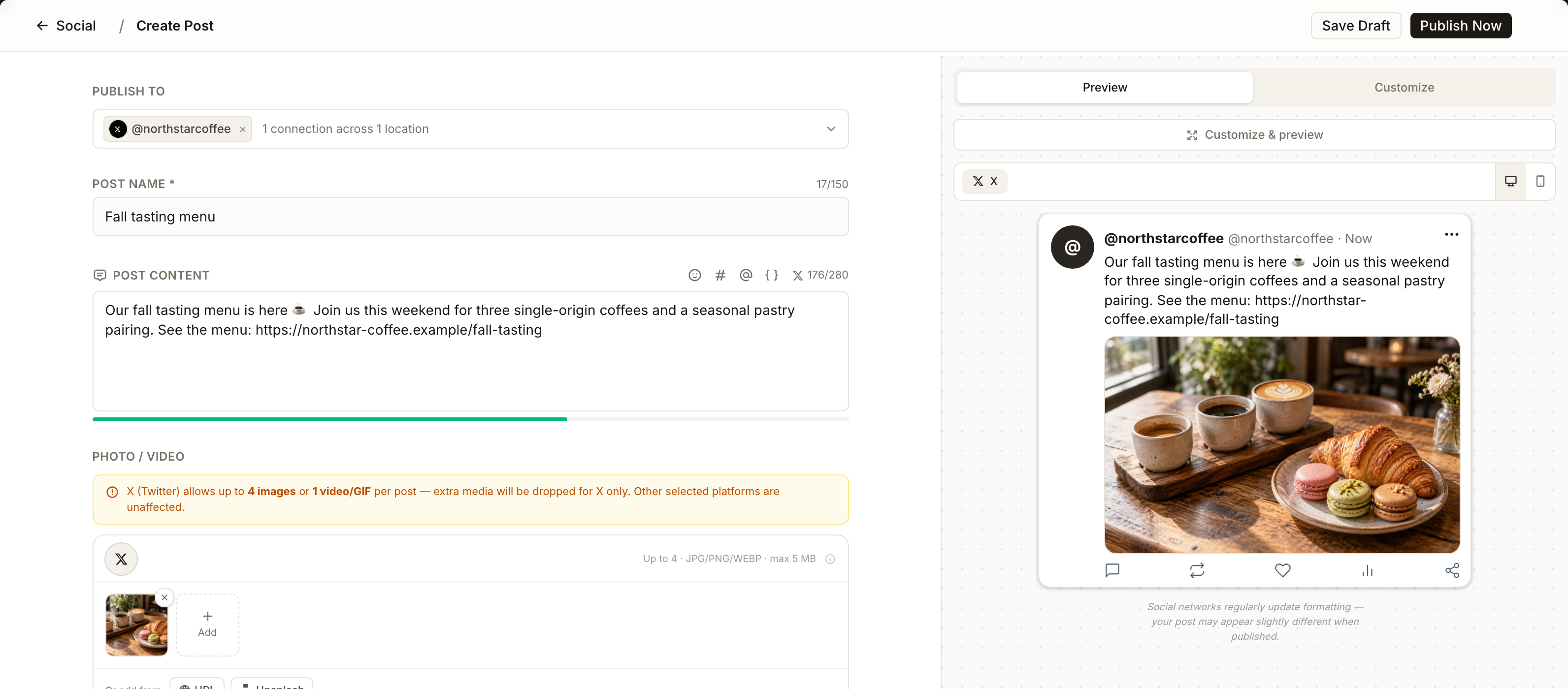 Synup Social composer with X selected, a post containing a link, and its weighted character count