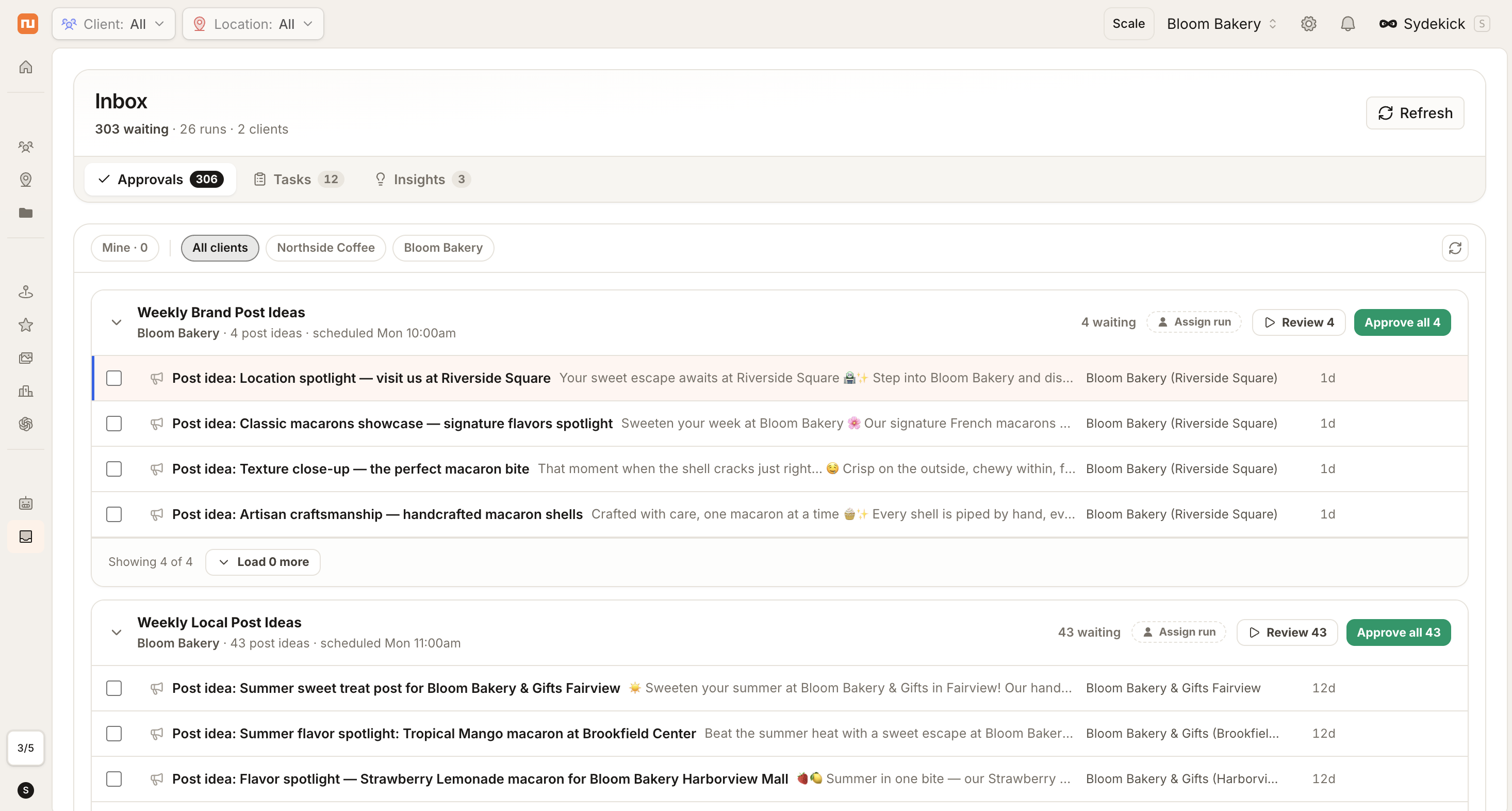 Approval Inbox showing groups of proposed social post ideas ordered by recency with timing labels