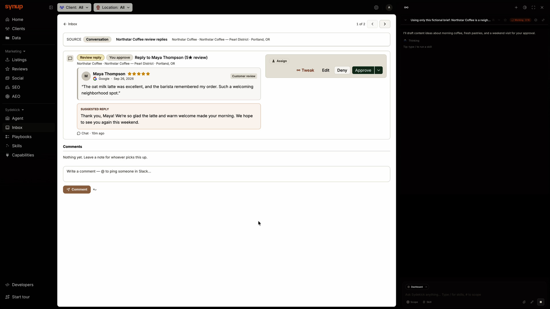 Synup review-reply approval showing customer feedback, a proposed reply, the approval decision, and its recorded result