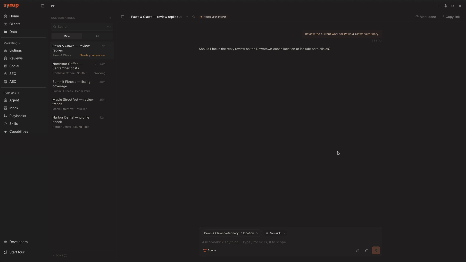 Sydekick conversation list switching between Mine and All, previewing a reply on hover or keyboard focus, and organizing work