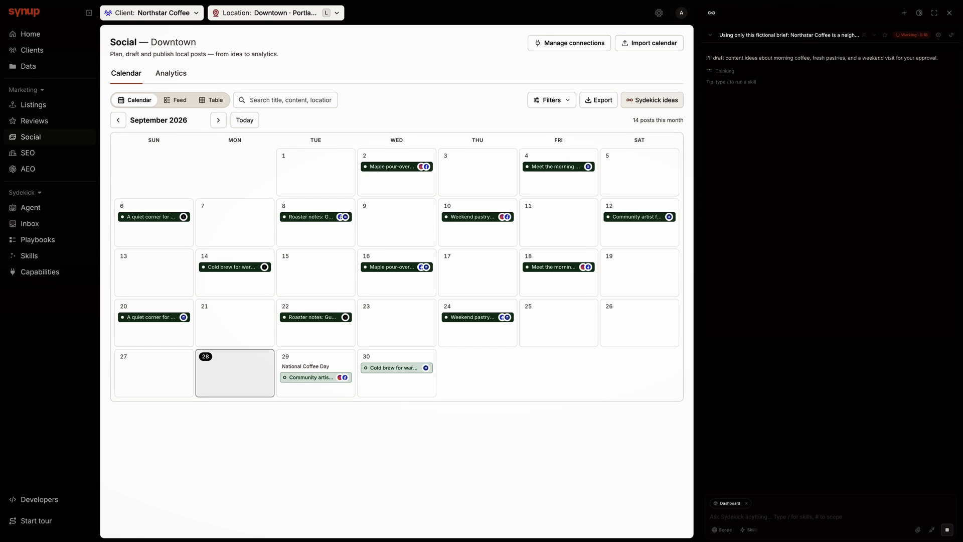 Social Planner import flow showing a calendar file and the first post preview before import