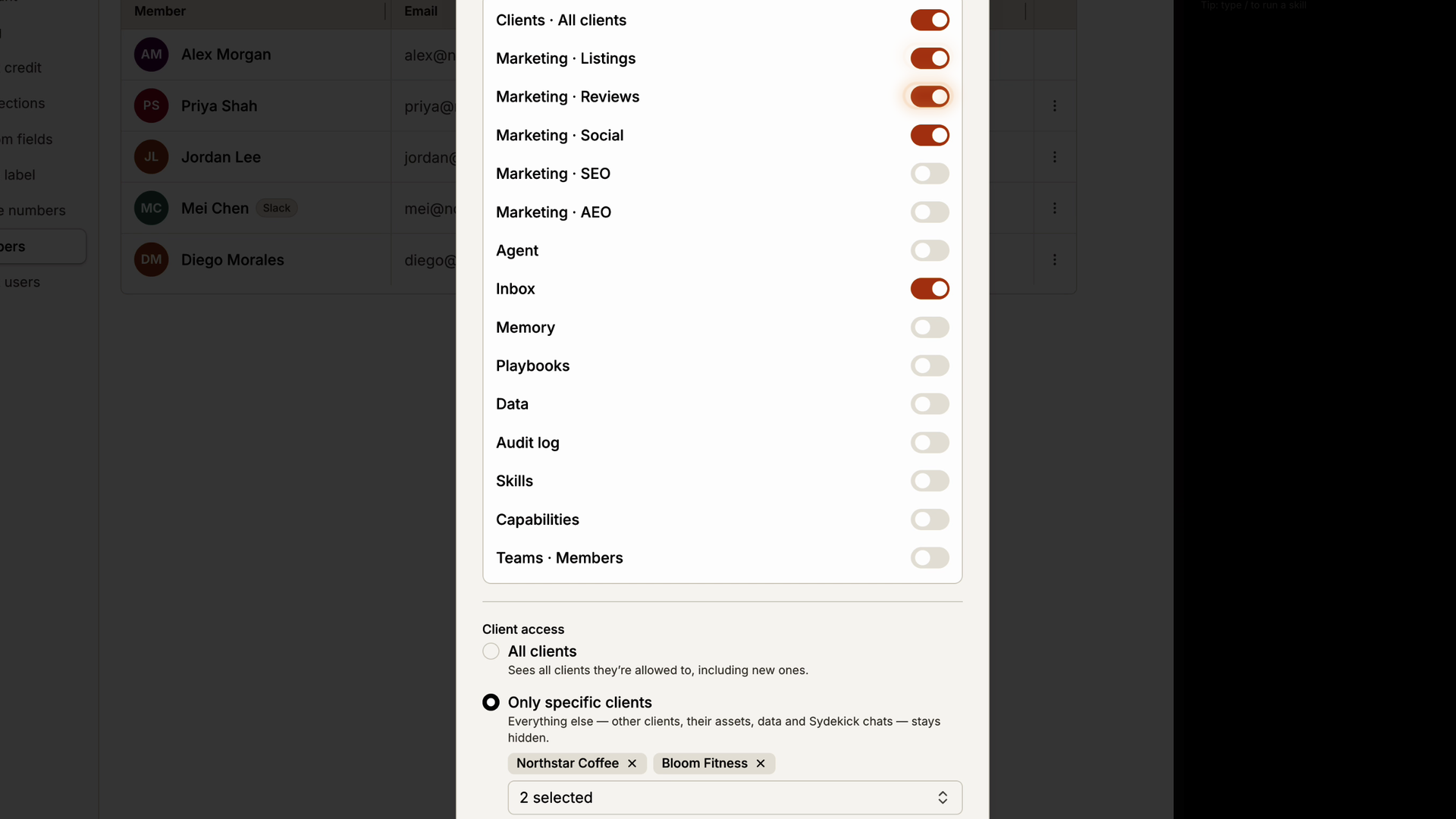 Team settings limiting a member to selected clients and product pages